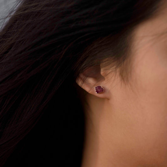 Silver stud earrings with Rough Ruby
