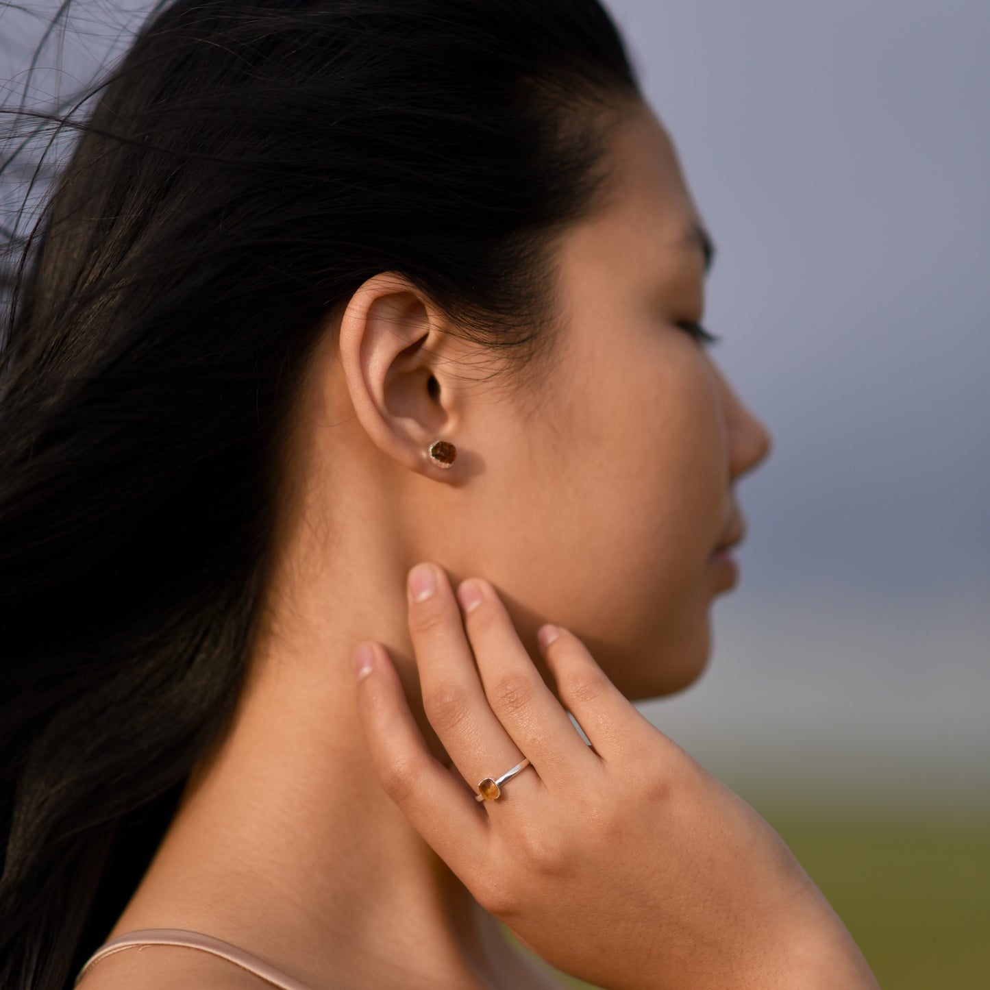 Silver stud earrings with Rough Citrine