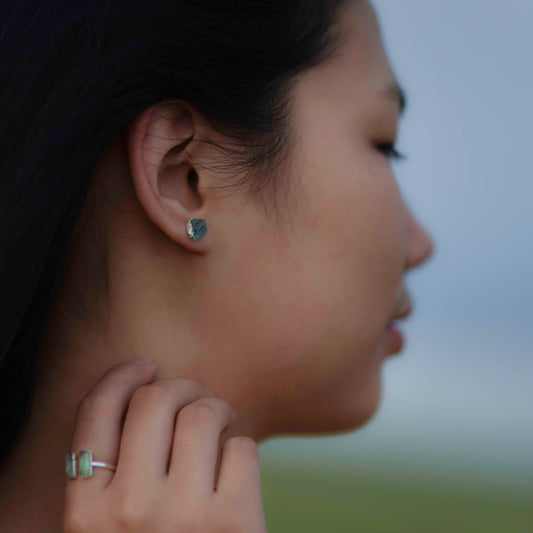 Silver stud earrings with Rough Aquamarine