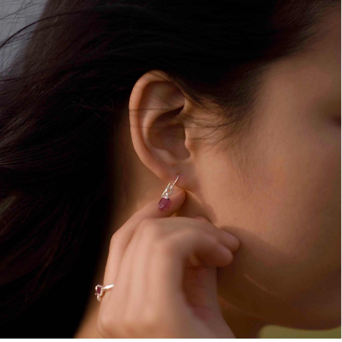Silver hook earrings with Rough Ruby