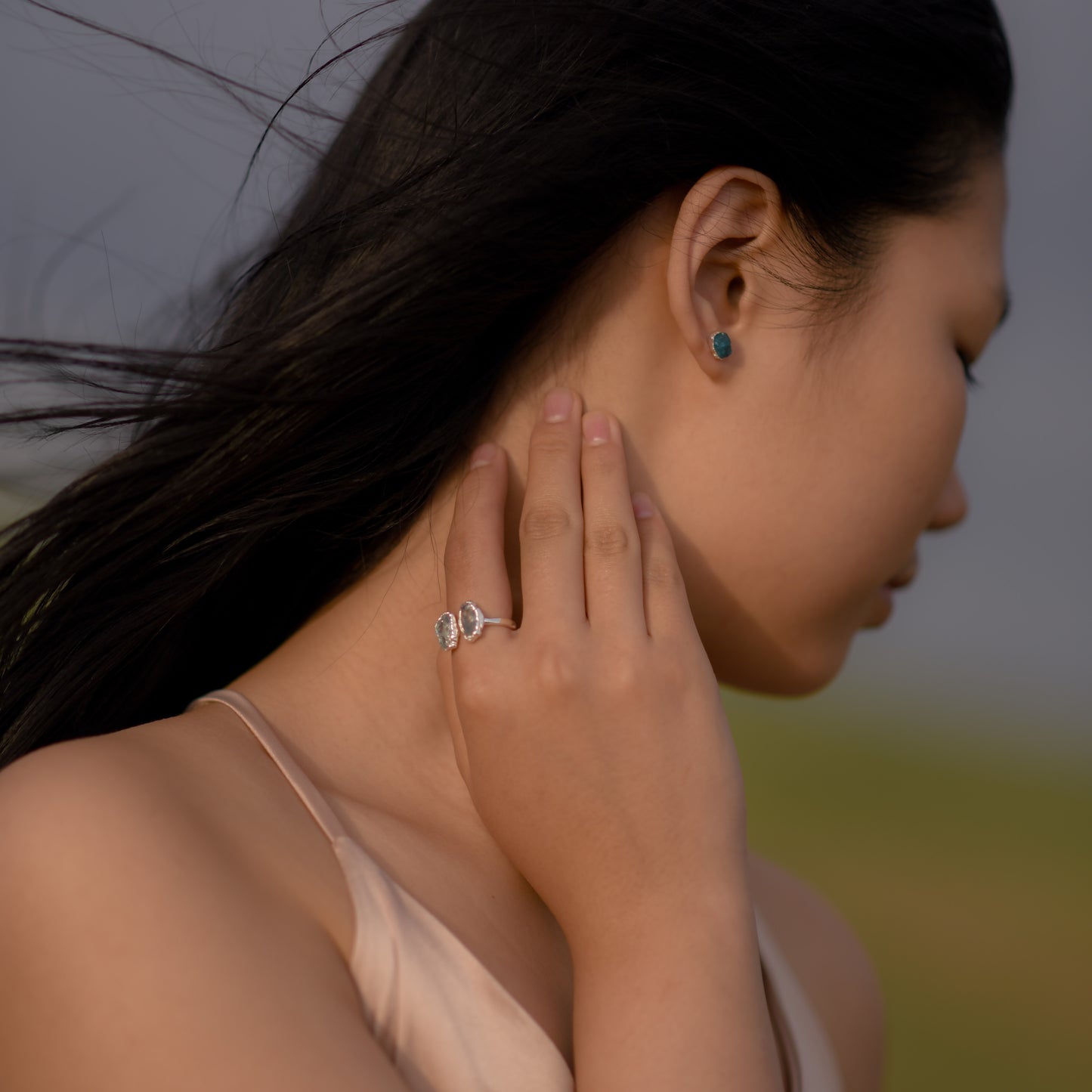 Silver stud earrings with Rough Apatite
