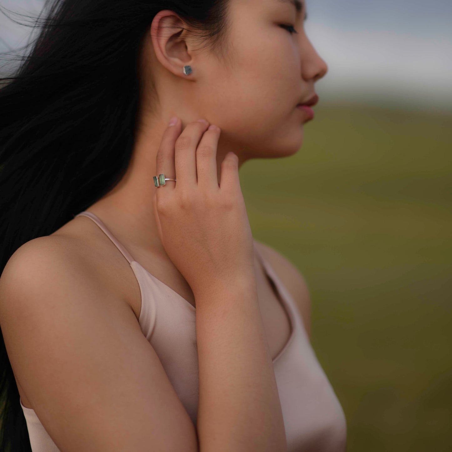 Silver stud earrings with Rough Aquamarine