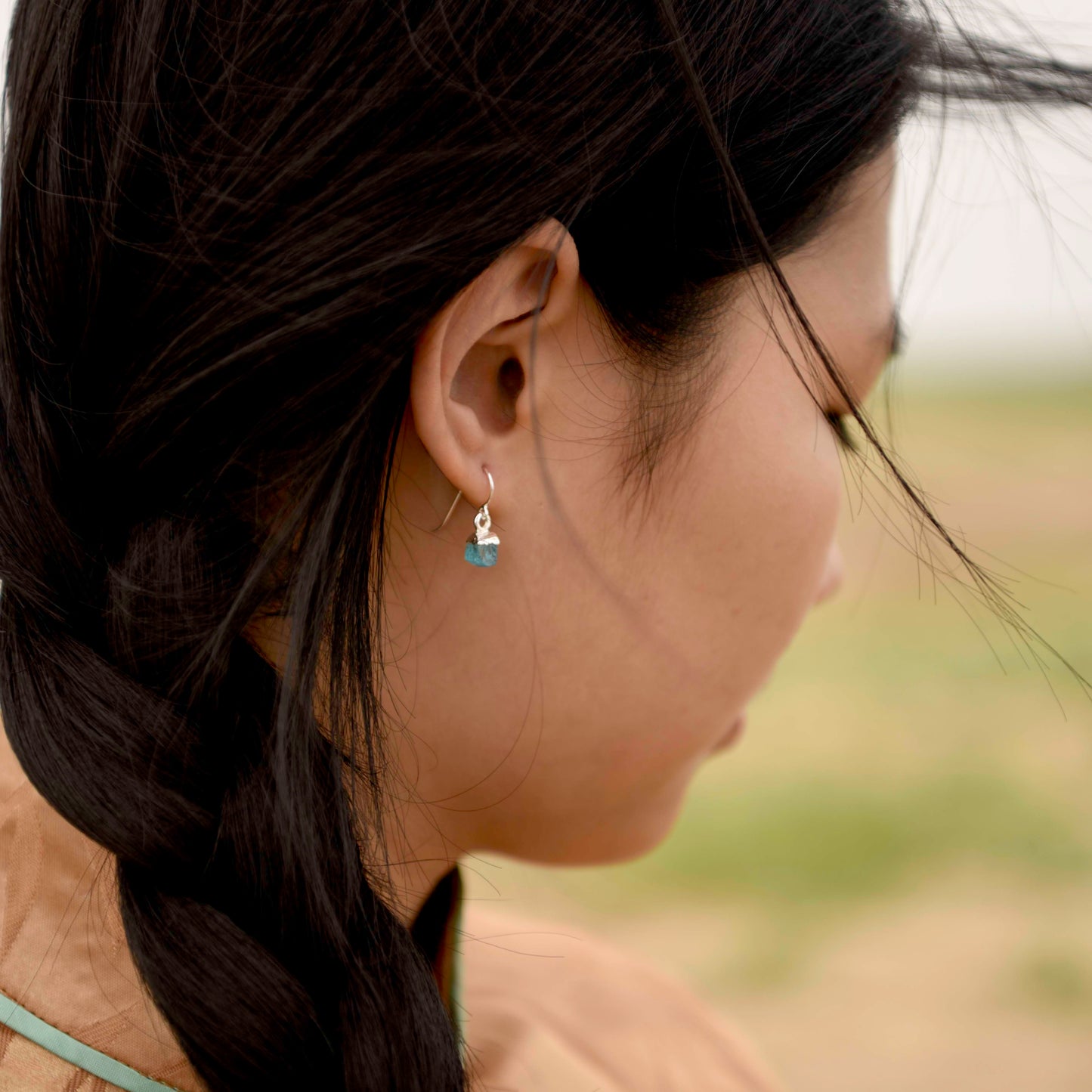 Silver hook earrings with Rough Apatite